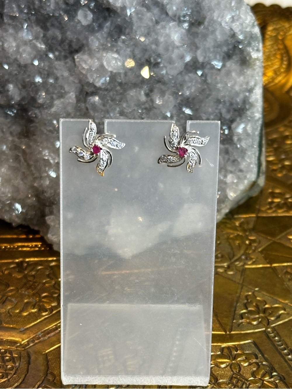 Ruby & CZ Sterling Silver Pinwheel Stud Earrings